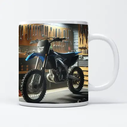 Blue Dirt Bike Parked Inside Mechanic Garage