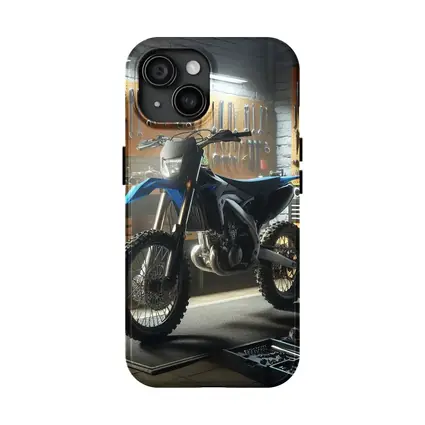Blue Dirt Bike Parked Inside Mechanic Garage