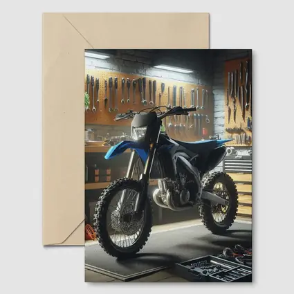 Blue Dirt Bike Parked Inside Mechanic Garage