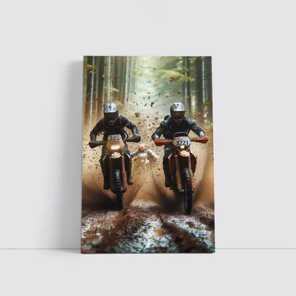 Motocross Dirt Bikes Racing Through Forest