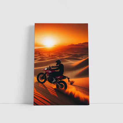Motocross Rider Drifting Desert Sand Dunes Sunset