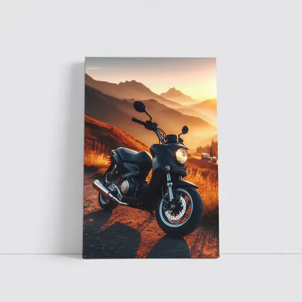 Black Motorcycle Parked Mountain Sunset Road