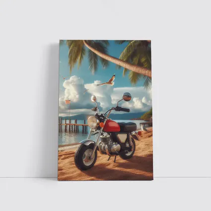 Retro Red Motorcycle Parked On Tropical Beach
