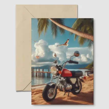Retro Red Motorcycle Parked On Tropical Beach