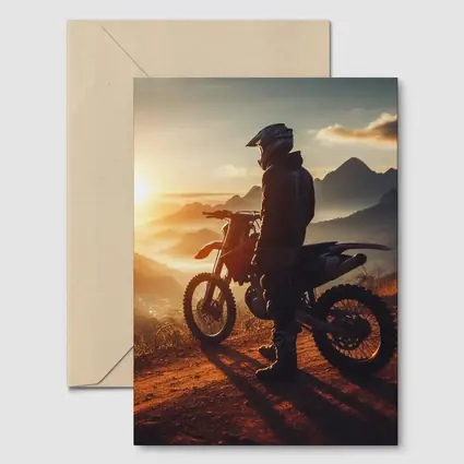 Dirt Bike Rider Watching Sunset Over Mountains