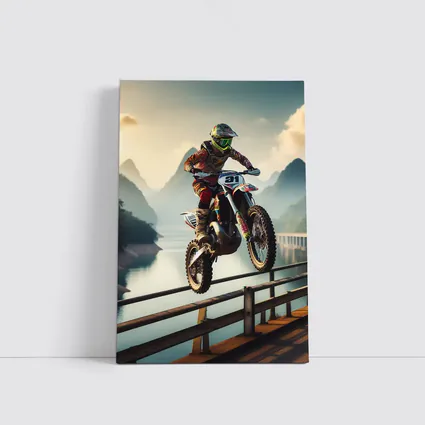 Motocross Rider Jumping Over Bridge Mountains