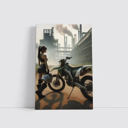 Girl With Dirt Bike Industrial Factory Background