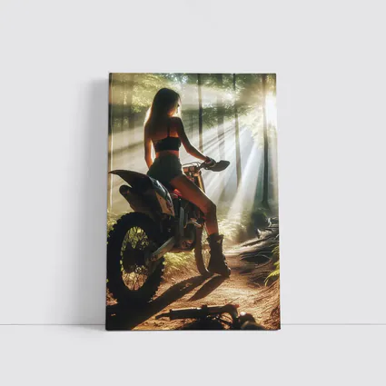 Woman on Dirt Bike Sunlit Forest Trail