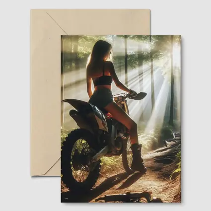 Woman on Dirt Bike Sunlit Forest Trail