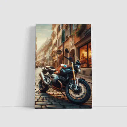 BMW Motorcycle Parked on European Cobblestone Street