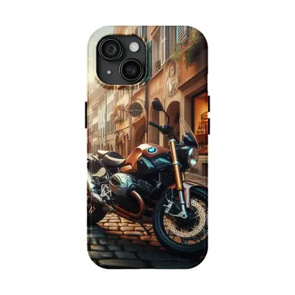 BMW Motorcycle Parked on European Cobblestone Street