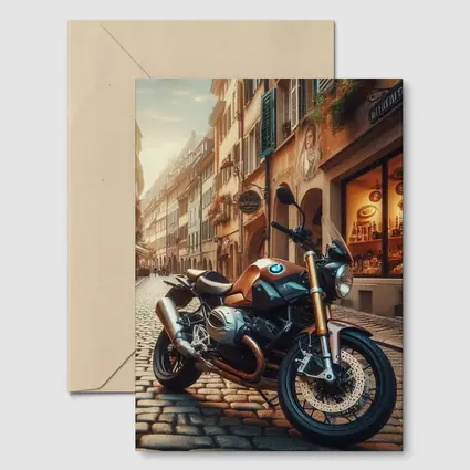 BMW Motorcycle Parked on European Cobblestone Street
