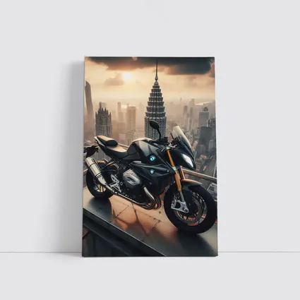BMW Motorcycle Rooftop City Skyline View
