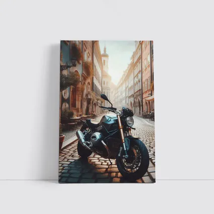 BMW Motorcycle Parked On European Cobblestone Street