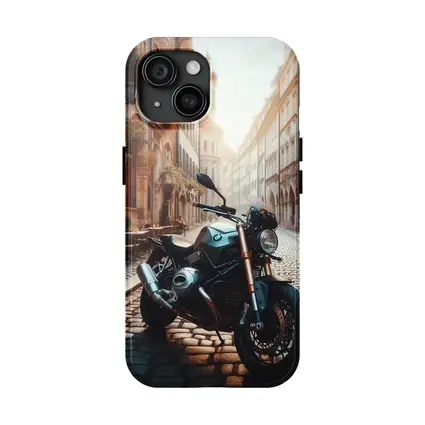 BMW Motorcycle Parked On European Cobblestone Street