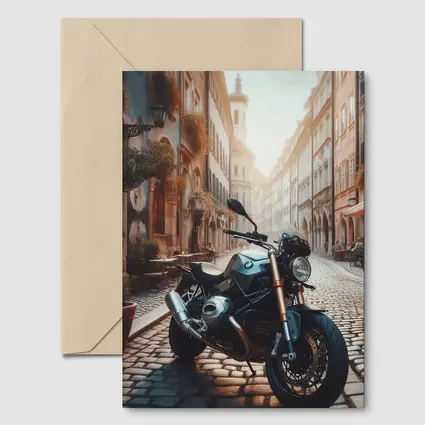 BMW Motorcycle Parked On European Cobblestone Street