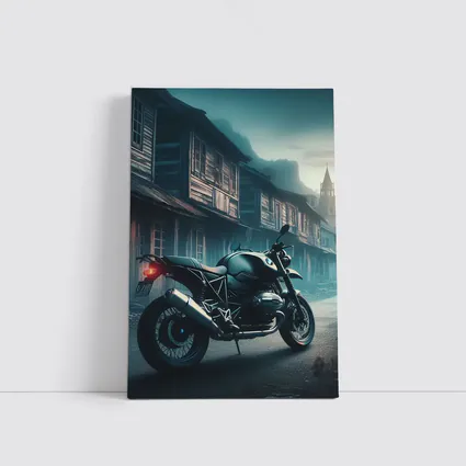 BMW Motorcycle Parked Misty Abandoned Town