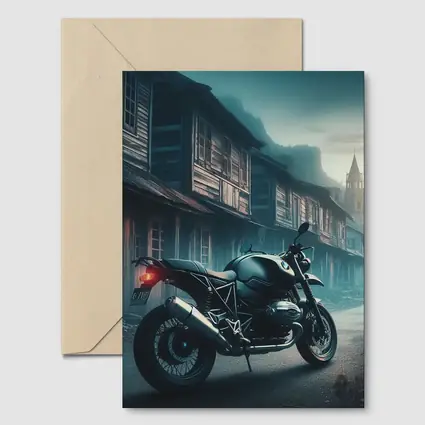BMW Motorcycle Parked Misty Abandoned Town