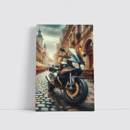 BMW Motorcycle Parked on European Cobblestone Street