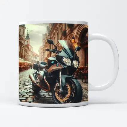 BMW Motorcycle Parked on European Cobblestone Street