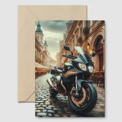 BMW Motorcycle Parked on European Cobblestone Street