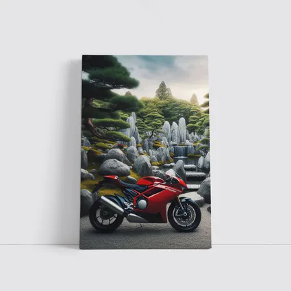 Red Ducati Superbike Japanese Garden Setting