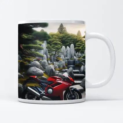 Red Ducati Superbike Japanese Garden Setting