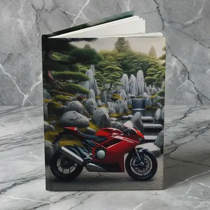 Red Ducati Superbike Japanese Garden Setting