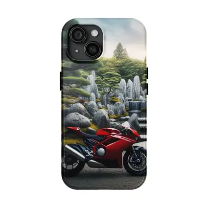 Red Ducati Superbike Japanese Garden Setting