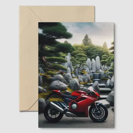 Red Ducati Superbike Japanese Garden Setting