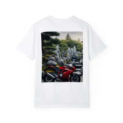 Red Ducati Superbike Japanese Garden Setting