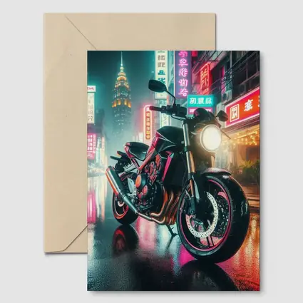 Naked Bike Neon City Rainy Night Street
