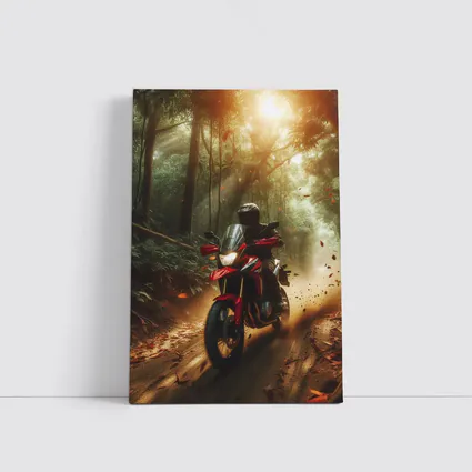 Red Adventure Motorcycle Riding Through Forest