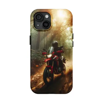 Red Adventure Motorcycle Riding Through Forest
