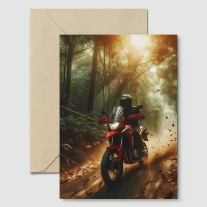 Red Adventure Motorcycle Riding Through Forest