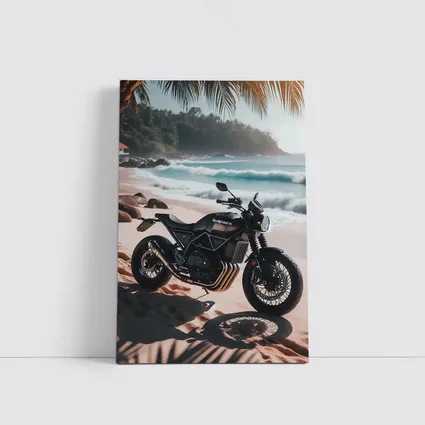 Black Scrambler Motorcycle Parked On Tropical Beach