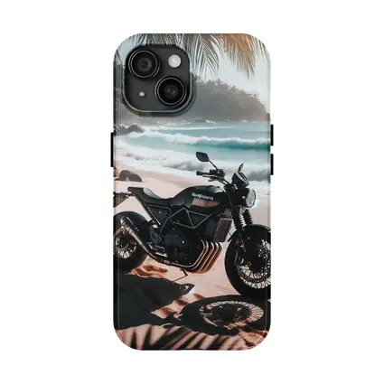 Black Scrambler Motorcycle Parked On Tropical Beach