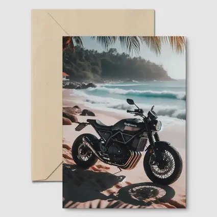 Black Scrambler Motorcycle Parked On Tropical Beach