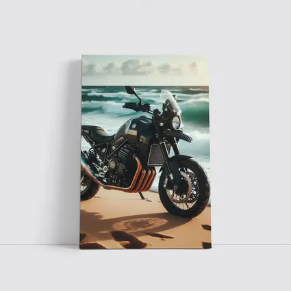 Adventure Motorcycle Parked on Sandy Beach