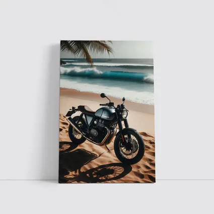 Dark Cafe Racer Motorcycle On Sandy Beach