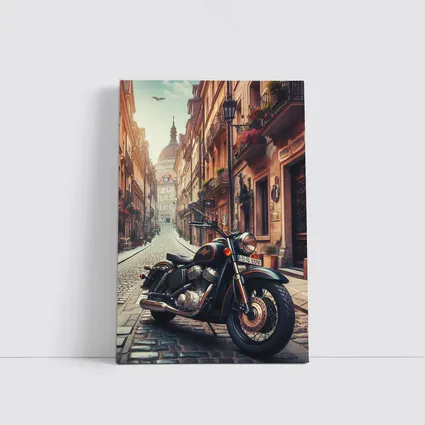 Classic Cruiser Motorcycle Parked Cobblestone European Street