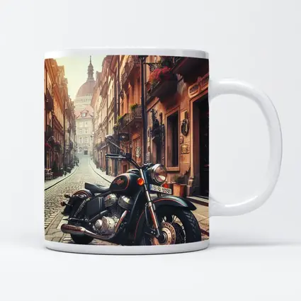 Classic Cruiser Motorcycle Parked Cobblestone European Street