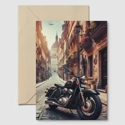 Classic Cruiser Motorcycle Parked Cobblestone European Street
