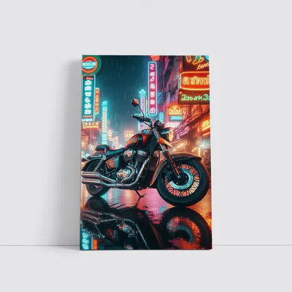 Classic Cruiser Motorcycle Neon Rainy City