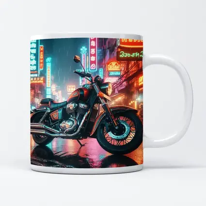 Classic Cruiser Motorcycle Neon Rainy City