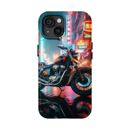 Classic Cruiser Motorcycle Neon Rainy City