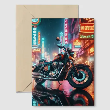 Classic Cruiser Motorcycle Neon Rainy City
