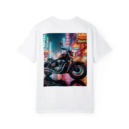 Classic Cruiser Motorcycle Neon Rainy City