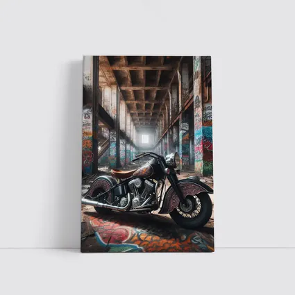 Indian Motorcycle Parked in Graffiti Warehouse