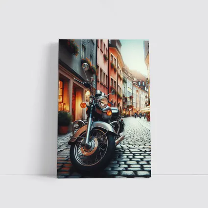 Classic Cruiser Motorcycle Parked Cobblestone European Street